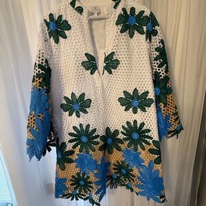 Embroidered Floral Crochet Tunic Dress - White with Blue & Green